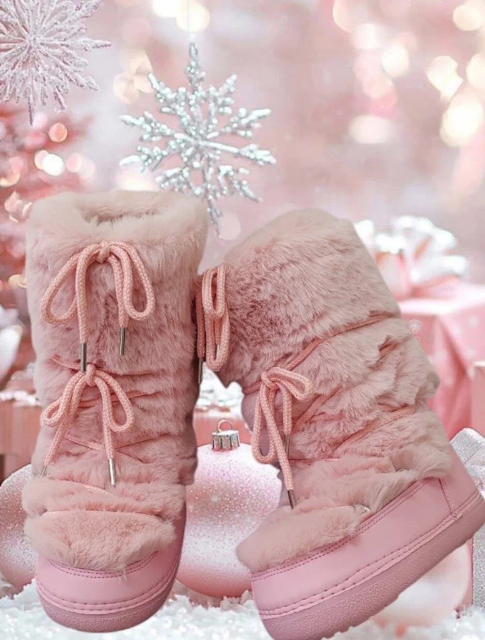 Plush Soft Pink Faux-Fur Ski Themed Winter Boots